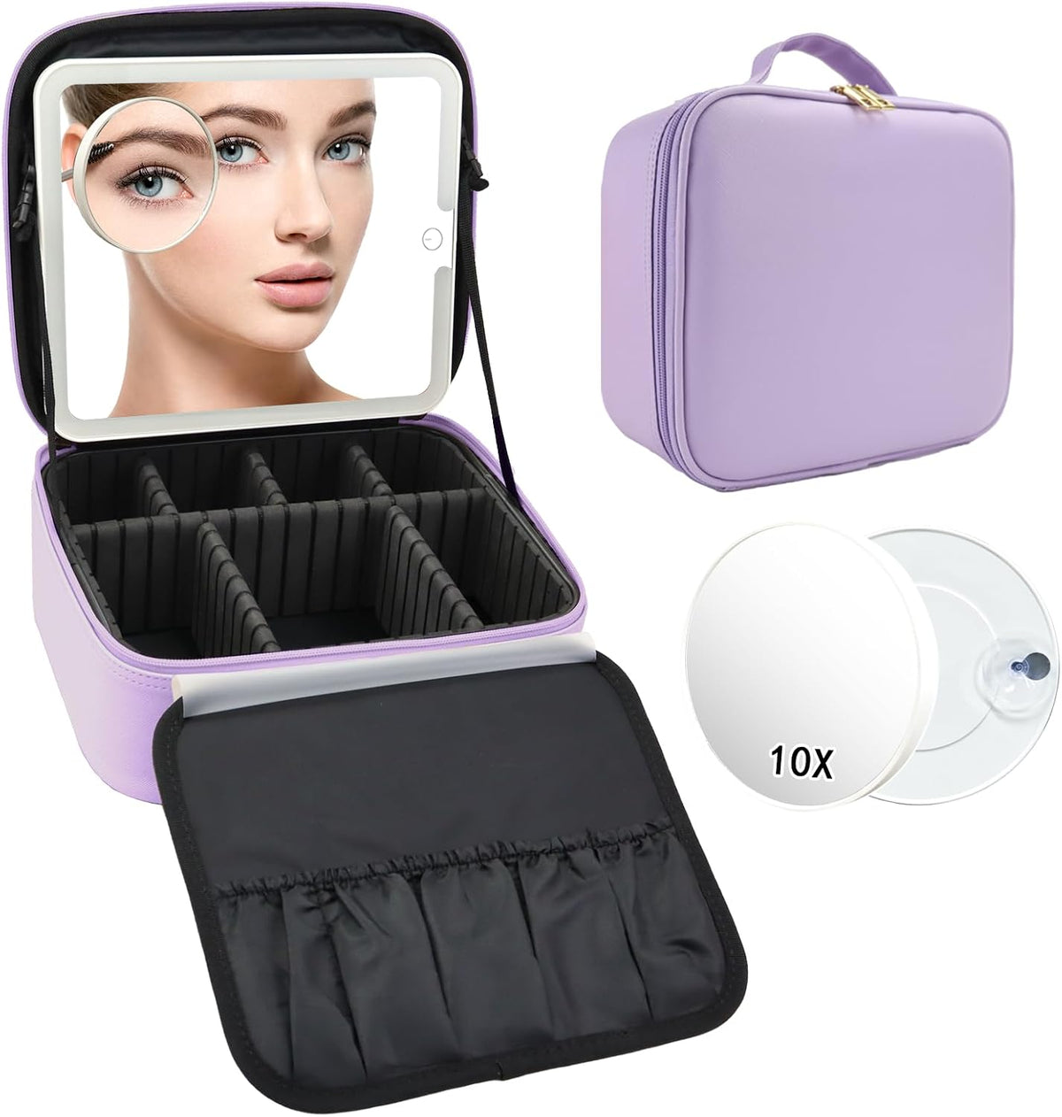 Travel Makeup Bag with LED Mirror Travel Makeup Organizer with 3 Lighted Settings, Adjustable Dividers and Makeup Brush Storage Bag Black