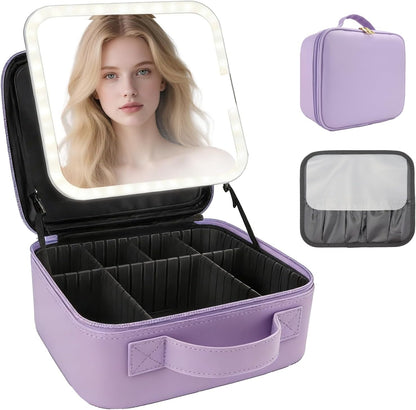 Travel Makeup Bag with LED Mirror Travel Makeup Organizer with 3 Lighted Settings, Adjustable Dividers and Makeup Brush Storage Bag Black
