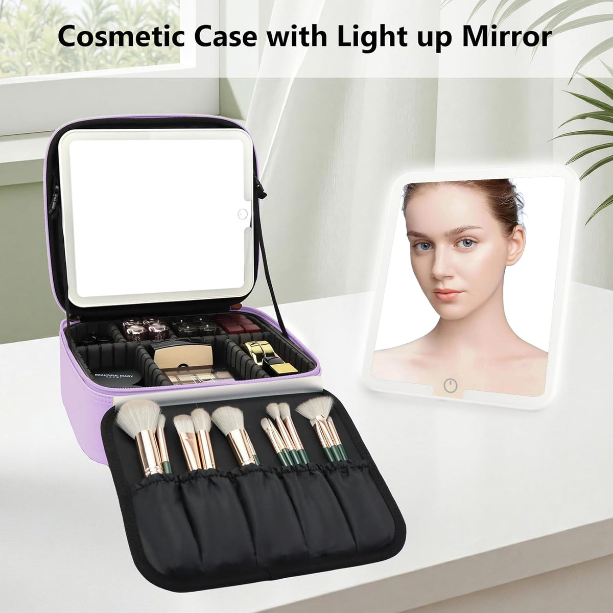 Travel Makeup Bag with LED Mirror Travel Makeup Organizer with 3 Lighted Settings, Adjustable Dividers and Makeup Brush Storage Bag Black