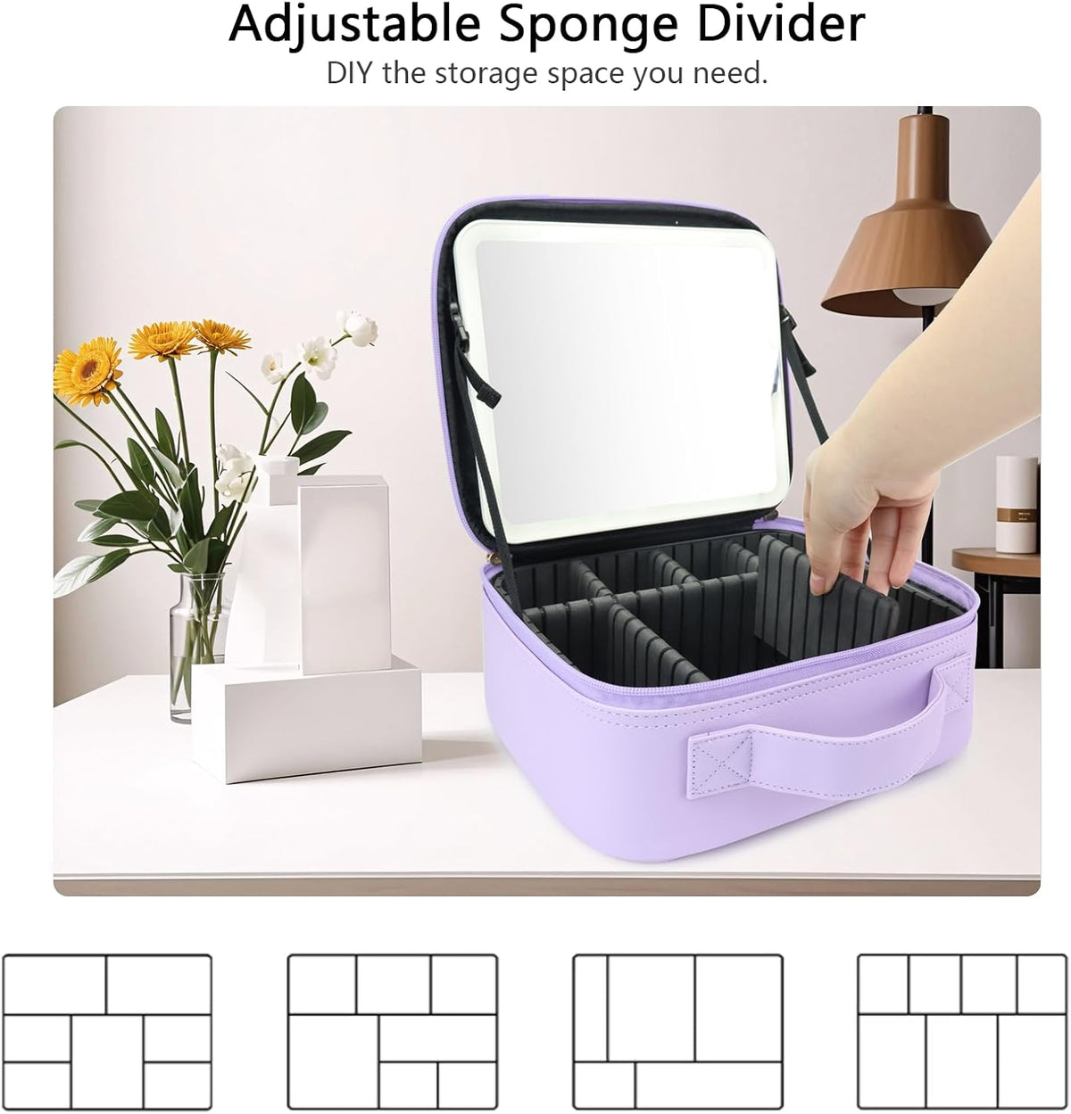 Travel Makeup Bag with LED Mirror Travel Makeup Organizer with 3 Lighted Settings, Adjustable Dividers and Makeup Brush Storage Bag Black