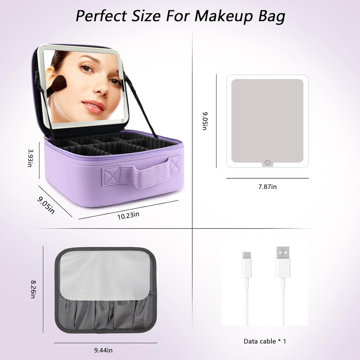 Travel Makeup Bag with LED Mirror Travel Makeup Organizer with 3 Lighted Settings, Adjustable Dividers and Makeup Brush Storage Bag Black