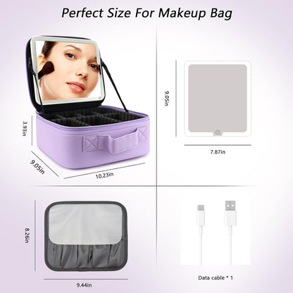 Travel Makeup Bag with LED Mirror Travel Makeup Organizer with 3 Lighted Settings, Adjustable Dividers and Makeup Brush Storage Bag Black