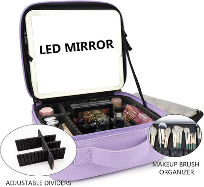 Travel Makeup Bag with LED Mirror Travel Makeup Organizer with 3 Lighted Settings, Adjustable Dividers and Makeup Brush Storage Bag Black