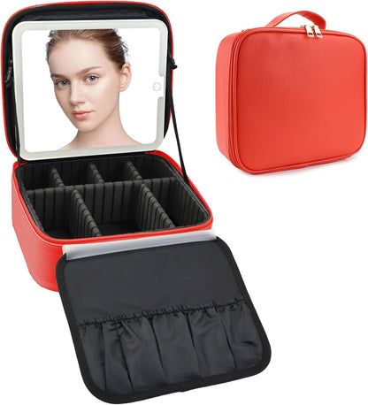 Travel Makeup Bag with LED Mirror Travel Makeup Organizer with 3 Lighted Settings, Adjustable Dividers and Makeup Brush Storage Bag Black