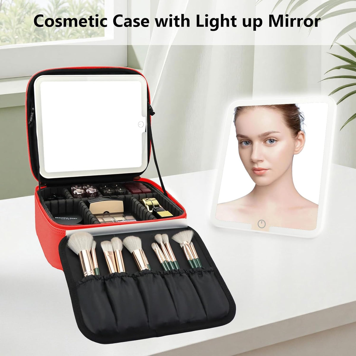 Travel Makeup Bag with LED Mirror Travel Makeup Organizer with 3 Lighted Settings, Adjustable Dividers and Makeup Brush Storage Bag Black