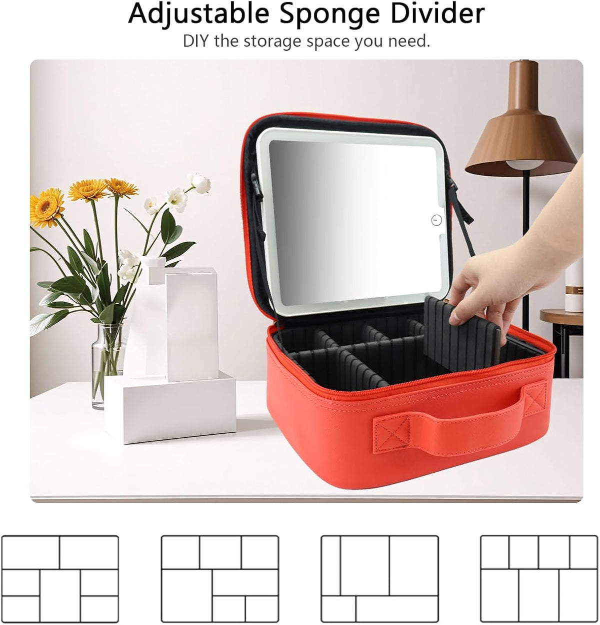 Travel Makeup Bag with LED Mirror Travel Makeup Organizer with 3 Lighted Settings, Adjustable Dividers and Makeup Brush Storage Bag Black