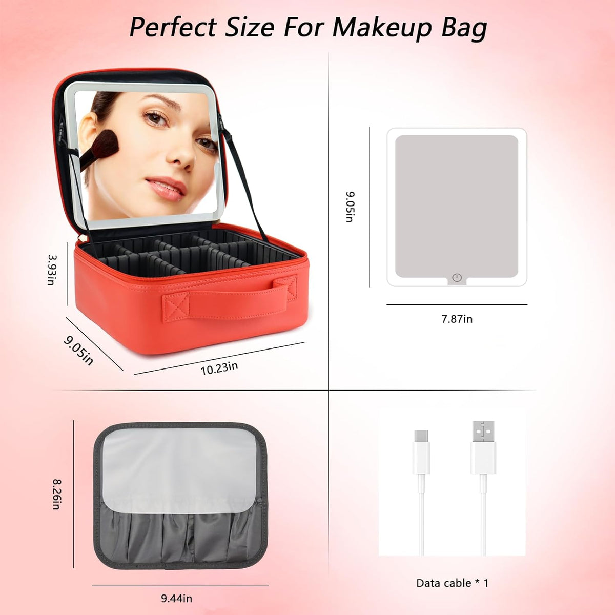 Travel Makeup Bag with LED Mirror Travel Makeup Organizer with 3 Lighted Settings, Adjustable Dividers and Makeup Brush Storage Bag Black