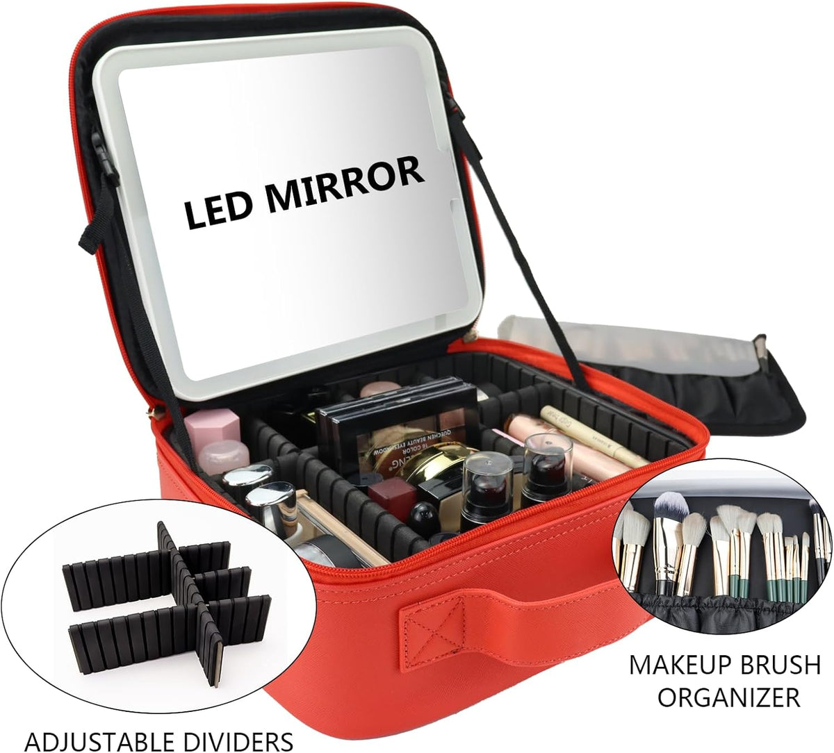 Travel Makeup Bag with LED Mirror Travel Makeup Organizer with 3 Lighted Settings, Adjustable Dividers and Makeup Brush Storage Bag Black