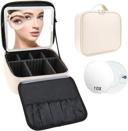 Travel Makeup Bag with LED Mirror Travel Makeup Organizer with 3 Lighted Settings, Adjustable Dividers and Makeup Brush Storage Bag Black