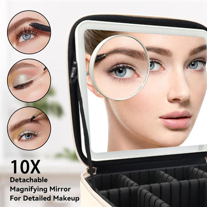 Travel Makeup Bag with LED Mirror Travel Makeup Organizer with 3 Lighted Settings, Adjustable Dividers and Makeup Brush Storage Bag Black