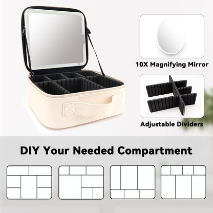Travel Makeup Bag with LED Mirror Travel Makeup Organizer with 3 Lighted Settings, Adjustable Dividers and Makeup Brush Storage Bag Black