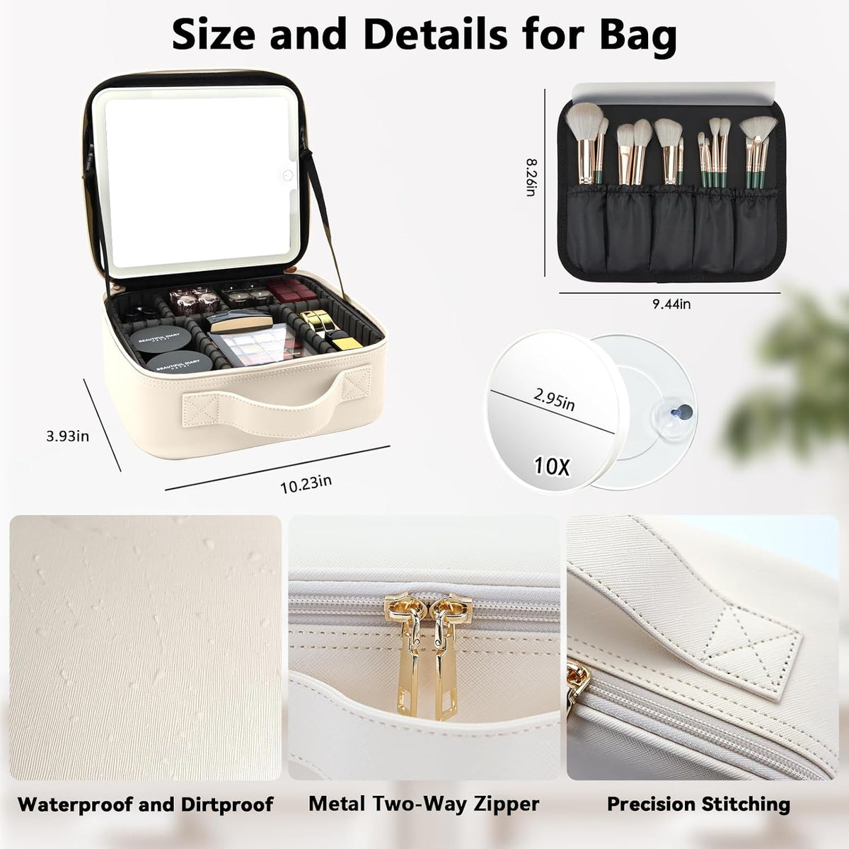 Travel Makeup Bag with LED Mirror Travel Makeup Organizer with 3 Lighted Settings, Adjustable Dividers and Makeup Brush Storage Bag Black