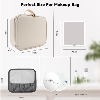 Travel Makeup Bag with LED Mirror Travel Makeup Organizer with 3 Lighted Settings, Adjustable Dividers and Makeup Brush Storage Bag Black