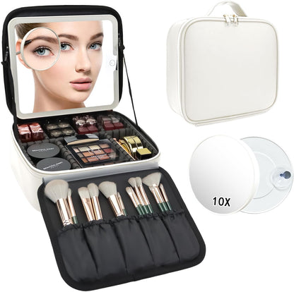 Travel Makeup Bag with LED Mirror Travel Makeup Organizer with 3 Lighted Settings, Adjustable Dividers and Makeup Brush Storage Bag Black