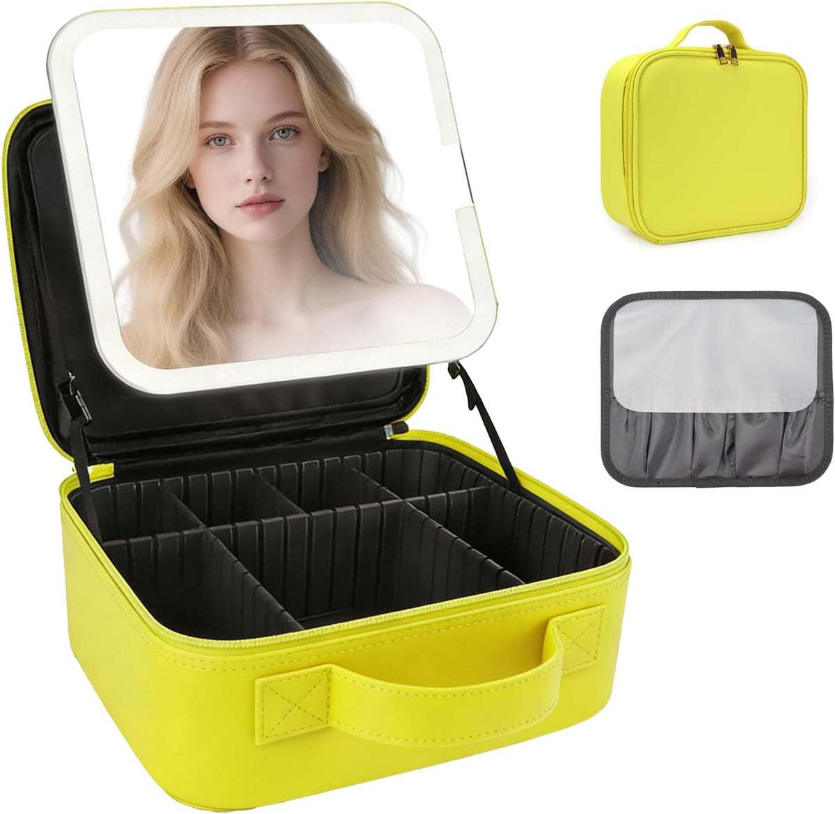 Travel Makeup Bag with LED Mirror Travel Makeup Organizer with 3 Lighted Settings, Adjustable Dividers and Makeup Brush Storage Bag Black