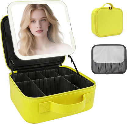 Travel Makeup Bag with LED Mirror Travel Makeup Organizer with 3 Lighted Settings, Adjustable Dividers and Makeup Brush Storage Bag Black