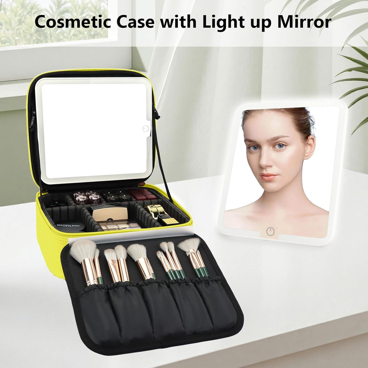 Travel Makeup Bag with LED Mirror Travel Makeup Organizer with 3 Lighted Settings, Adjustable Dividers and Makeup Brush Storage Bag Black