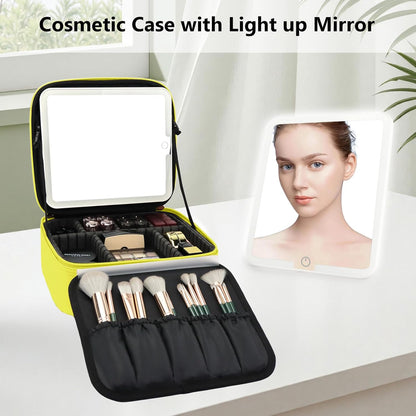 Travel Makeup Bag with LED Mirror Travel Makeup Organizer with 3 Lighted Settings, Adjustable Dividers and Makeup Brush Storage Bag Black