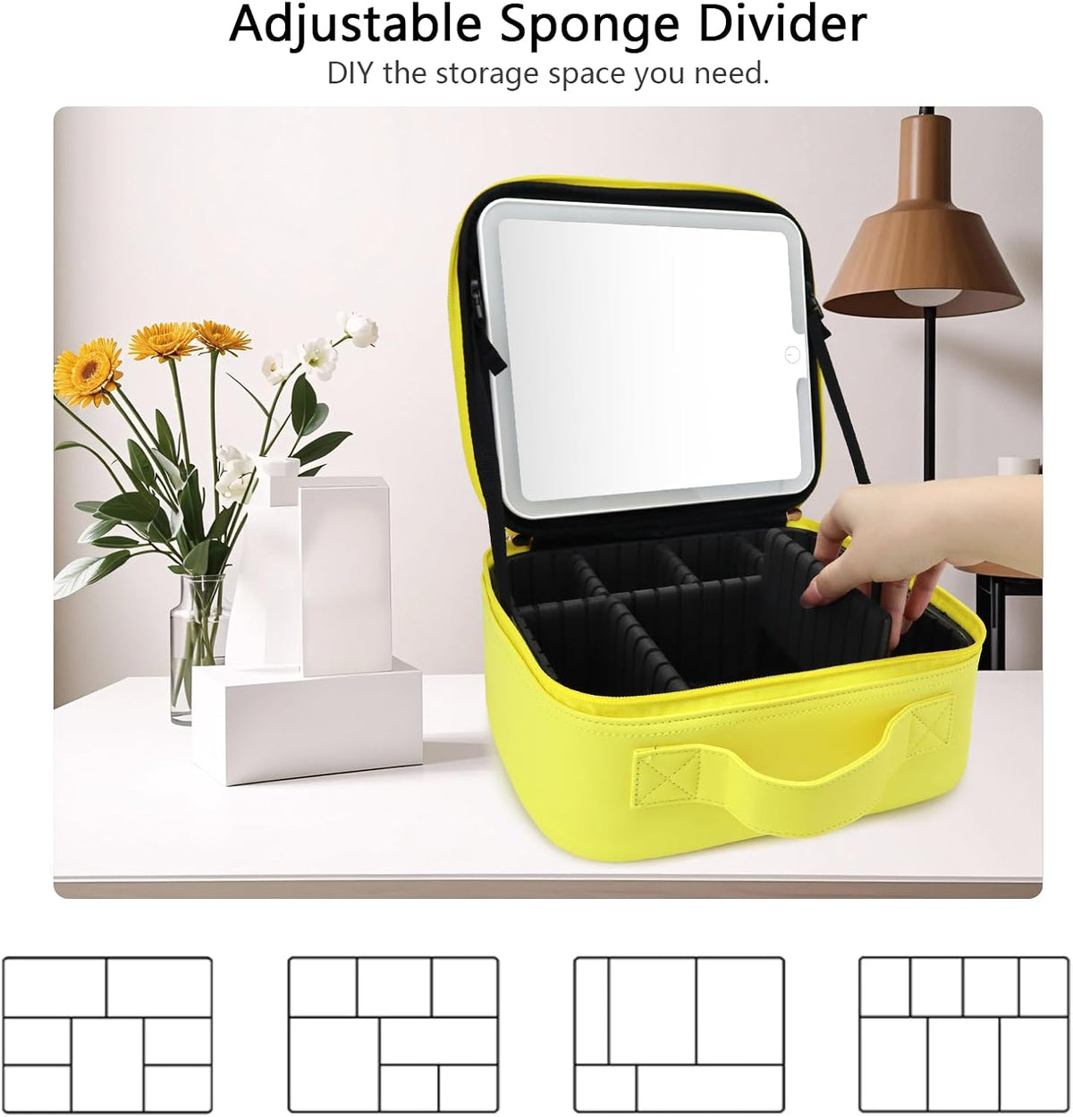 Travel Makeup Bag with LED Mirror Travel Makeup Organizer with 3 Lighted Settings, Adjustable Dividers and Makeup Brush Storage Bag Black