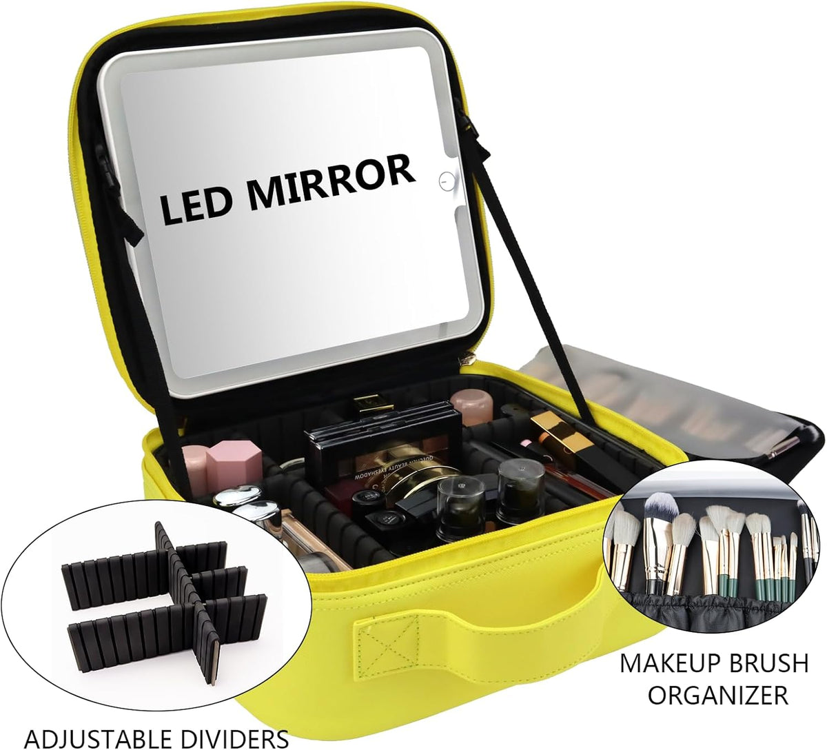 Travel Makeup Bag with LED Mirror Travel Makeup Organizer with 3 Lighted Settings, Adjustable Dividers and Makeup Brush Storage Bag Black