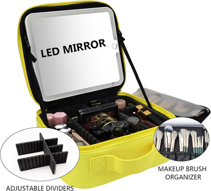 Travel Makeup Bag with LED Mirror Travel Makeup Organizer with 3 Lighted Settings, Adjustable Dividers and Makeup Brush Storage Bag Black