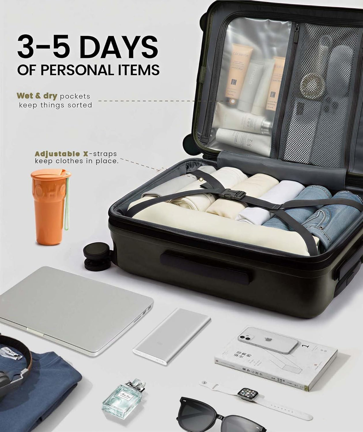 Carry On Luggage 22x14x9 Airline Approved, Expandable Hard Shell Suitcase with Spinner Wheels, USB Charging Port & Front Pocket, PC Hardside Rolling Luggage with TSA Lock for Travel