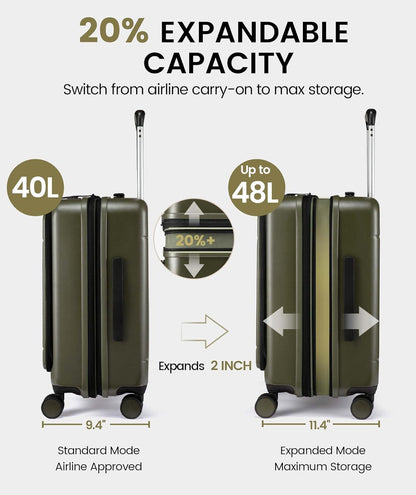 Carry On Luggage 22x14x9 Airline Approved, Expandable Hard Shell Suitcase with Spinner Wheels, USB Charging Port & Front Pocket, PC Hardside Rolling Luggage with TSA Lock for Travel