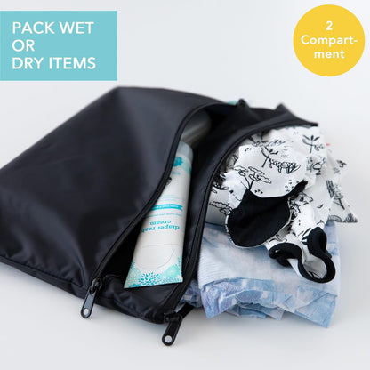 Waterproof Wet Bag for Baby, Travel, Swim Suit, Cloth Diapers, Pump Parts, Pool, Beach, Gym Clothes, Toiletry, Hook to Stroller, Daycare, Zip Reusable Wetdry Pack, 2-pk Palm Trees, Beige Check - Colors A