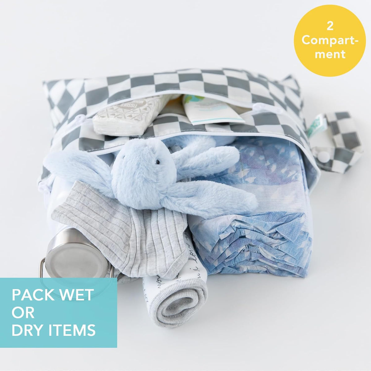 Waterproof Wet Bag for Baby, Travel, Swim Suit, Cloth Diapers, Pump Parts, Pool, Beach, Gym Clothes, Toiletry, Hook to Stroller, Daycare, Zip Reusable Wetdry Pack, 2-pk Palm Trees, Beige Check - Colors A