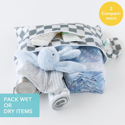 Waterproof Wet Bag for Baby, Travel, Swim Suit, Cloth Diapers, Pump Parts, Pool, Beach, Gym Clothes, Toiletry, Hook to Stroller, Daycare, Zip Reusable Wetdry Pack, 2-pk Palm Trees, Beige Check - Colors A