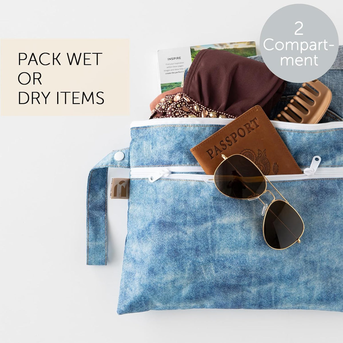 Waterproof Wet Bag for Baby, Travel, Swim Suit, Cloth Diapers, Pump Parts, Pool, Beach, Gym Clothes, Toiletry, Hook to Stroller, Daycare, Zip Reusable Wetdry Pack, 2-pk Palm Trees, Beige Check - Colors A