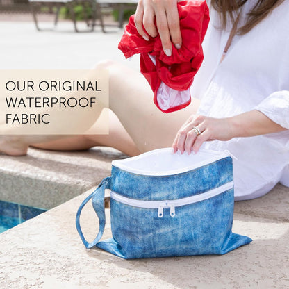 Waterproof Wet Bag for Baby, Travel, Swim Suit, Cloth Diapers, Pump Parts, Pool, Beach, Gym Clothes, Toiletry, Hook to Stroller, Daycare, Zip Reusable Wetdry Pack, 2-pk Palm Trees, Beige Check - Colors A