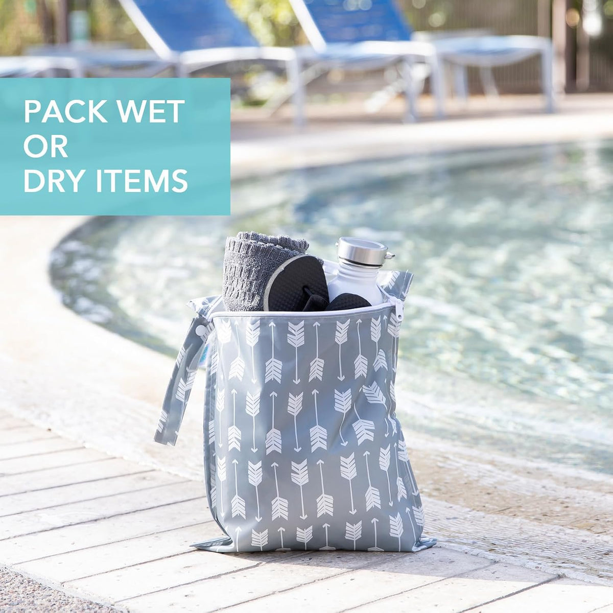 Waterproof Wet Bag for Baby, Travel, Swim Suit, Cloth Diapers, Pump Parts, Pool, Beach, Gym Clothes, Toiletry, Hook to Stroller, Daycare, Zip Reusable Wetdry Pack, 2-pk Palm Trees, Beige Check - Colors A