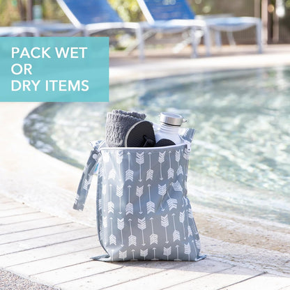 Waterproof Wet Bag for Baby, Travel, Swim Suit, Cloth Diapers, Pump Parts, Pool, Beach, Gym Clothes, Toiletry, Hook to Stroller, Daycare, Zip Reusable Wetdry Pack, 2-pk Palm Trees, Beige Check - Colors A