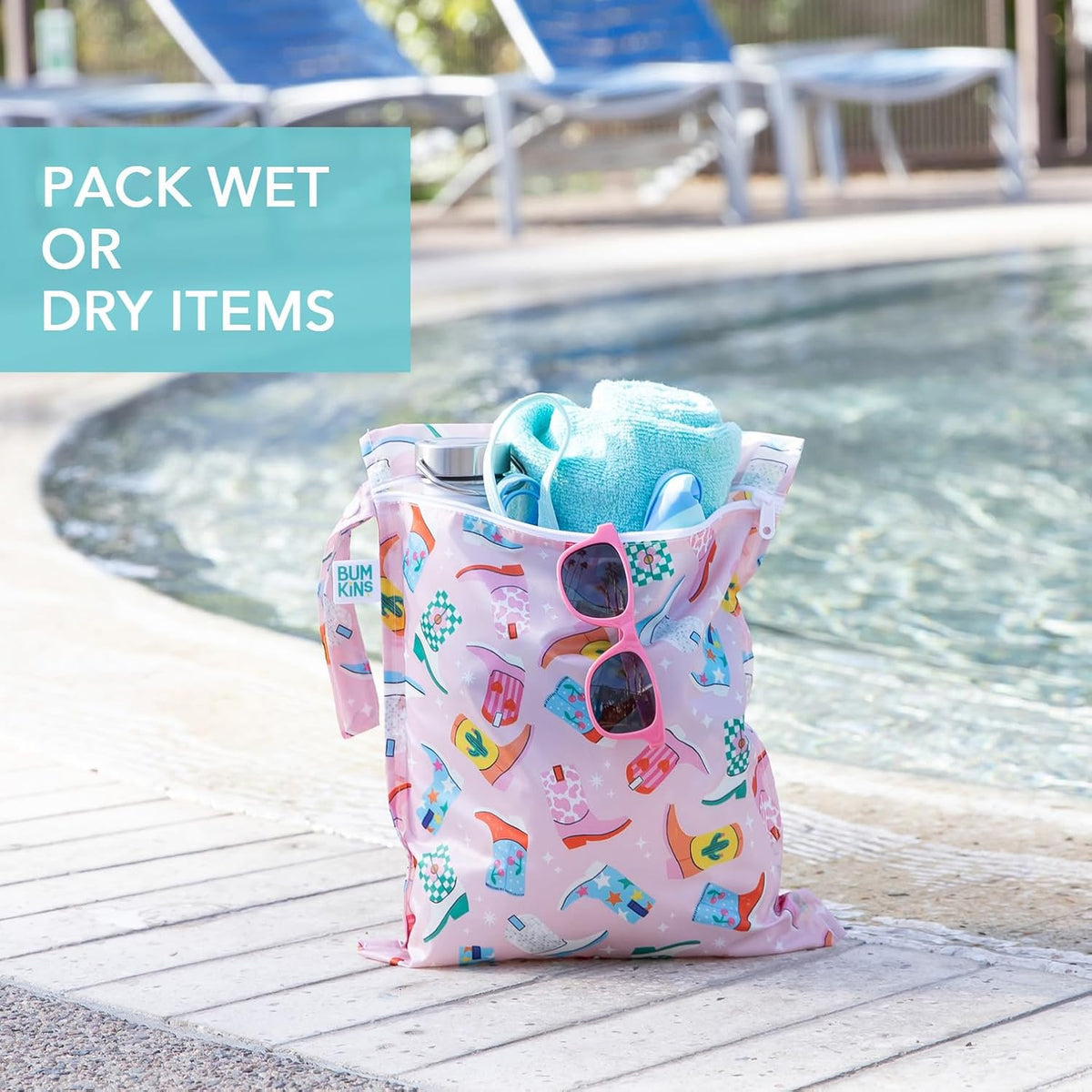 Waterproof Wet Bag for Baby, Travel, Swim Suit, Cloth Diapers, Pump Parts, Pool, Beach, Gym Clothes, Toiletry, Hook to Stroller, Daycare, Zip Reusable Wetdry Pack, 2-pk Palm Trees, Beige Check - Colors A