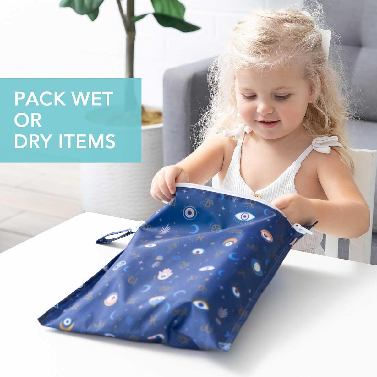 Waterproof Wet Bag for Baby, Travel, Swim Suit, Cloth Diapers, Pump Parts, Pool, Beach, Gym Clothes, Toiletry, Hook to Stroller, Daycare, Zip Reusable Wetdry Pack, 2-pk Palm Trees, Beige Check - Colors A