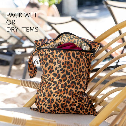Waterproof Wet Bag for Baby, Travel, Swim Suit, Cloth Diapers, Pump Parts, Pool, Beach, Gym Clothes, Toiletry, Hook to Stroller, Daycare, Zip Reusable Wetdry Pack, 2-pk Palm Trees, Beige Check - Colors A