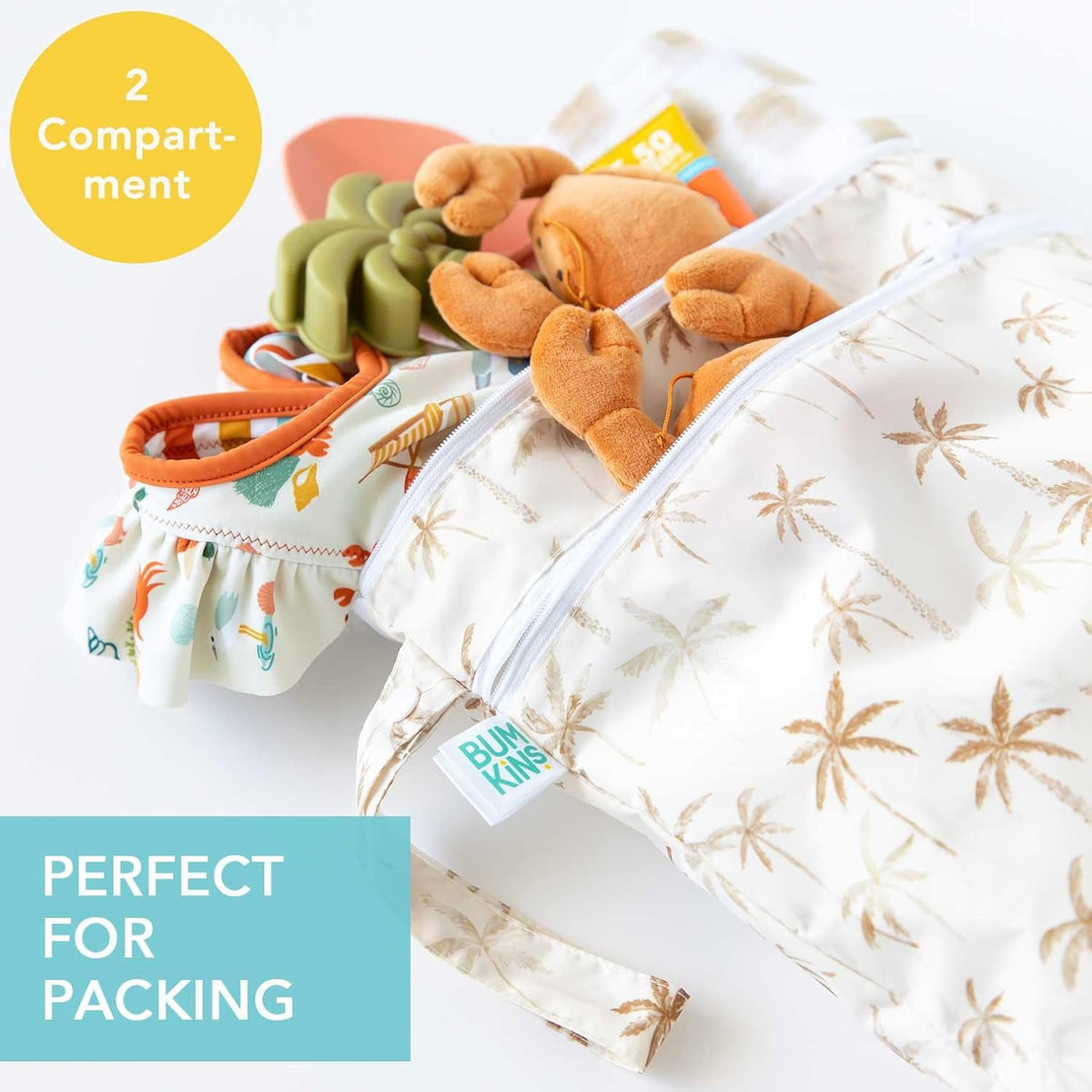 Waterproof Wet Bag for Baby, Travel, Swim Suit, Cloth Diapers, Pump Parts, Pool, Beach, Gym Clothes, Toiletry, Hook to Stroller, Daycare, Zip Reusable Wetdry Pack, 2-pk Palm Trees, Beige Check - Colors A