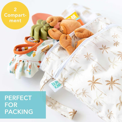 Waterproof Wet Bag for Baby, Travel, Swim Suit, Cloth Diapers, Pump Parts, Pool, Beach, Gym Clothes, Toiletry, Hook to Stroller, Daycare, Zip Reusable Wetdry Pack, 2-pk Palm Trees, Beige Check - Colors A