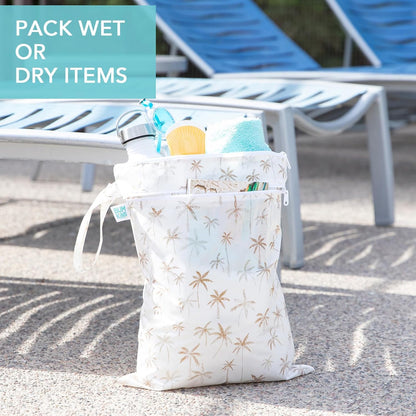 Waterproof Wet Bag for Baby, Travel, Swim Suit, Cloth Diapers, Pump Parts, Pool, Beach, Gym Clothes, Toiletry, Hook to Stroller, Daycare, Zip Reusable Wetdry Pack, 2-pk Palm Trees, Beige Check - Colors A