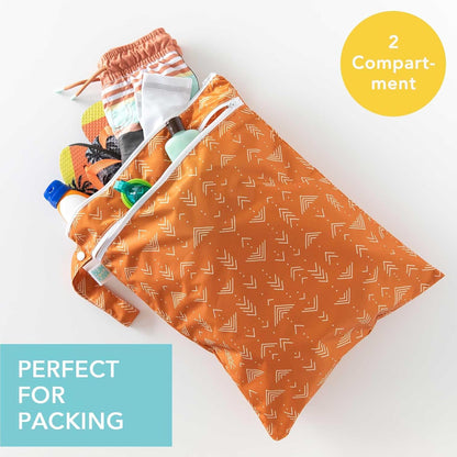 Waterproof Wet Bag for Baby, Travel, Swim Suit, Cloth Diapers, Pump Parts, Pool, Beach, Gym Clothes, Toiletry, Hook to Stroller, Daycare, Zip Reusable Wetdry Pack, 2-pk Palm Trees, Beige Check - Colors A