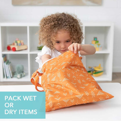 Waterproof Wet Bag for Baby, Travel, Swim Suit, Cloth Diapers, Pump Parts, Pool, Beach, Gym Clothes, Toiletry, Hook to Stroller, Daycare, Zip Reusable Wetdry Pack, 2-pk Palm Trees, Beige Check - Colors A