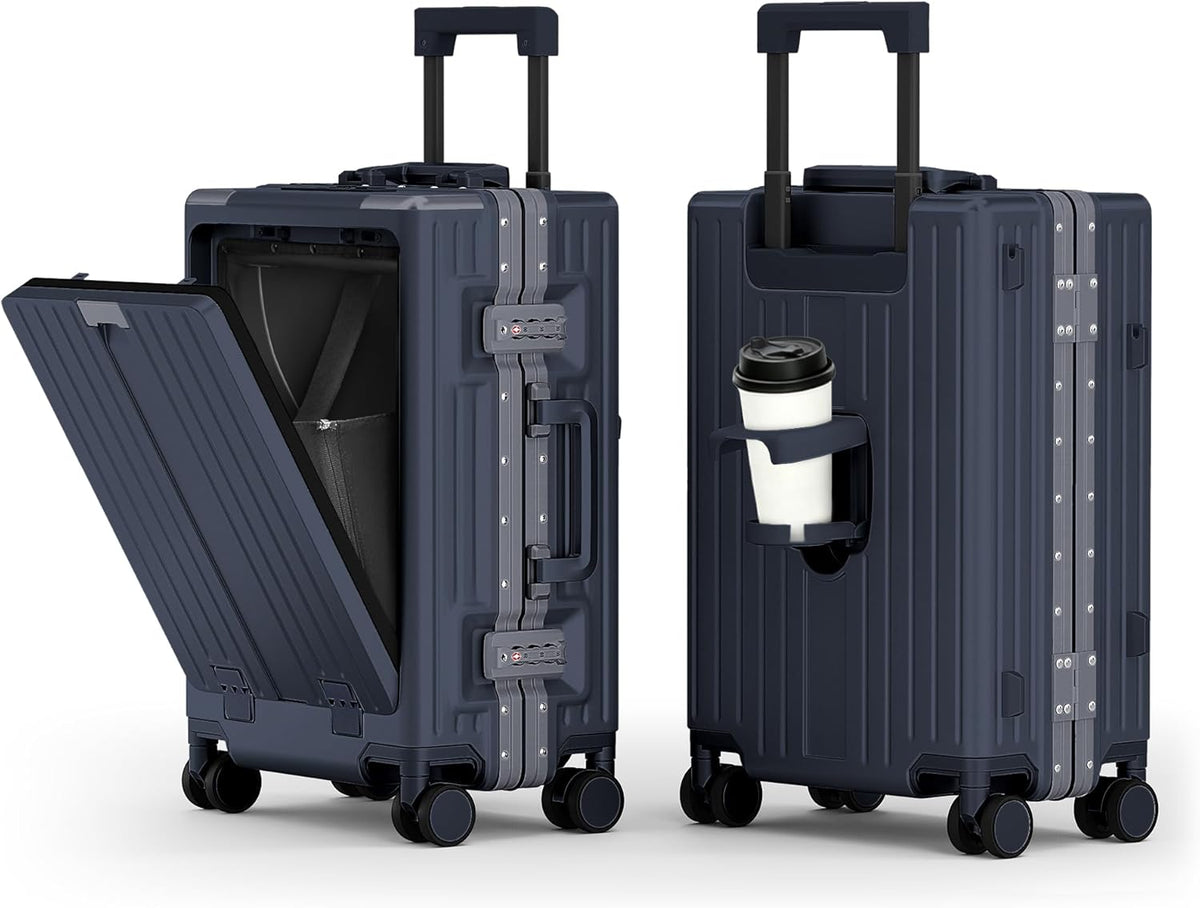 20 Inch Aluminum Frame Carry-On Luggage, Front Opening Hardside Carry on Suitcase with Quick-Access Front Compartment, Airline Approved with TSA Lock, USB&Type-C Ports, Cup Holder, Silver