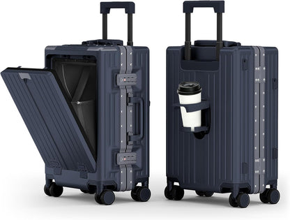 20 Inch Aluminum Frame Carry-On Luggage, Front Opening Hardside Carry on Suitcase with Quick-Access Front Compartment, Airline Approved with TSA Lock, USB&Type-C Ports, Cup Holder, Silver