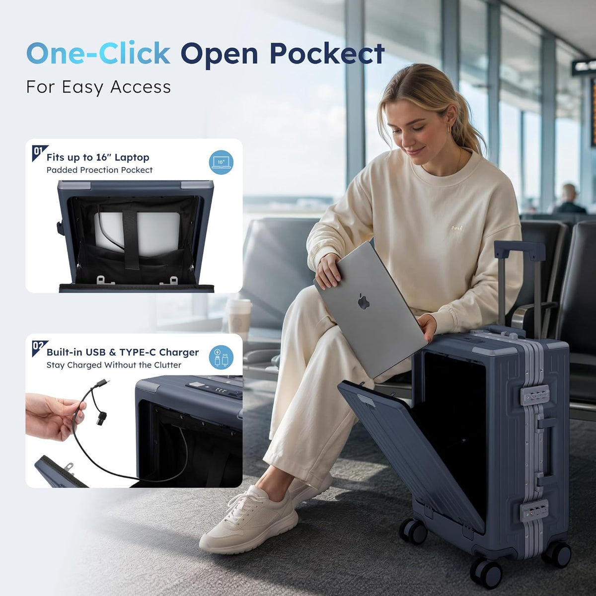 20 Inch Aluminum Frame Carry-On Luggage, Front Opening Hardside Carry on Suitcase with Quick-Access Front Compartment, Airline Approved with TSA Lock, USB&Type-C Ports, Cup Holder, Silver
