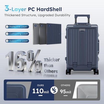 20 Inch Aluminum Frame Carry-On Luggage, Front Opening Hardside Carry on Suitcase with Quick-Access Front Compartment, Airline Approved with TSA Lock, USB&Type-C Ports, Cup Holder, Silver