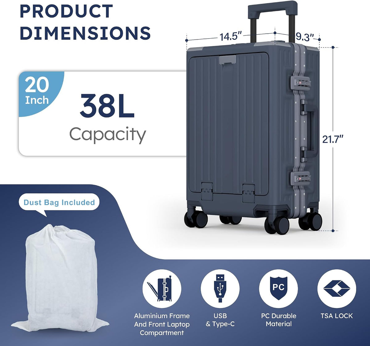20 Inch Aluminum Frame Carry-On Luggage, Front Opening Hardside Carry on Suitcase with Quick-Access Front Compartment, Airline Approved with TSA Lock, USB&Type-C Ports, Cup Holder, Silver