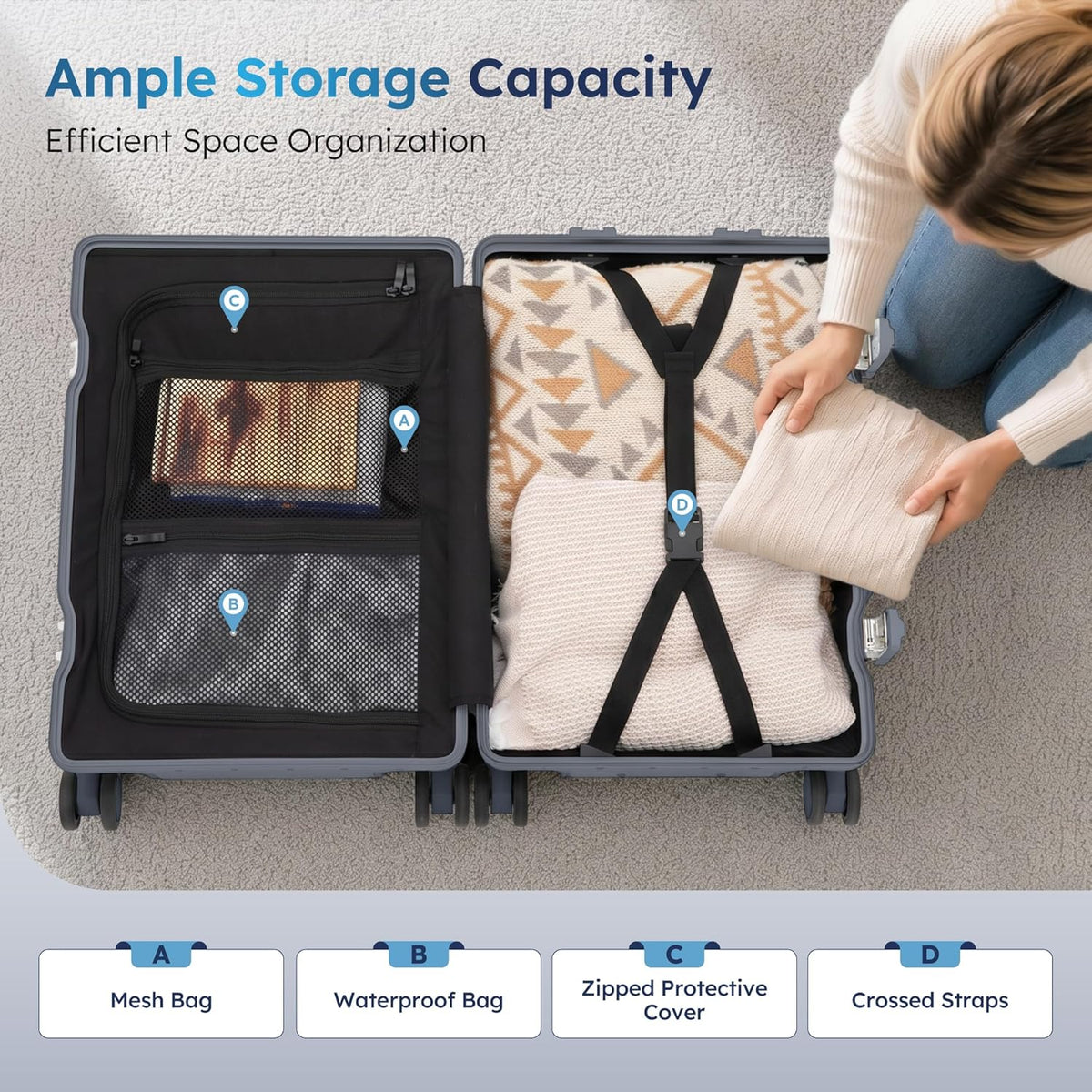 20 Inch Aluminum Frame Carry-On Luggage, Front Opening Hardside Carry on Suitcase with Quick-Access Front Compartment, Airline Approved with TSA Lock, USB&Type-C Ports, Cup Holder, Silver