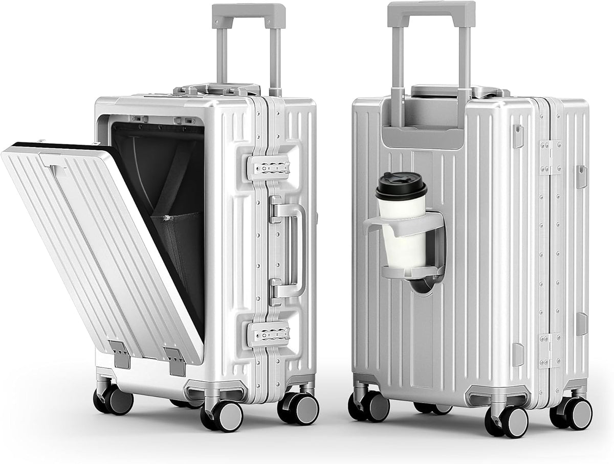 20 Inch Aluminum Frame Carry-On Luggage, Front Opening Hardside Carry on Suitcase with Quick-Access Front Compartment, Airline Approved with TSA Lock, USB&Type-C Ports, Cup Holder, Silver