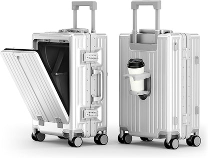 20 Inch Aluminum Frame Carry-On Luggage, Front Opening Hardside Carry on Suitcase with Quick-Access Front Compartment, Airline Approved with TSA Lock, USB&Type-C Ports, Cup Holder, Silver